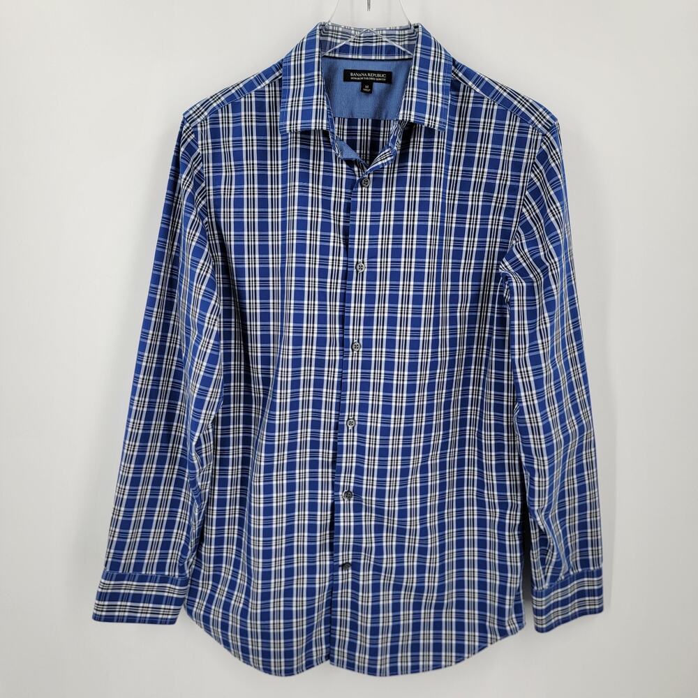 Banana Republic Shirt Mens Medium Blue Plaid Non Iron Tailored Slim Fit Cotton